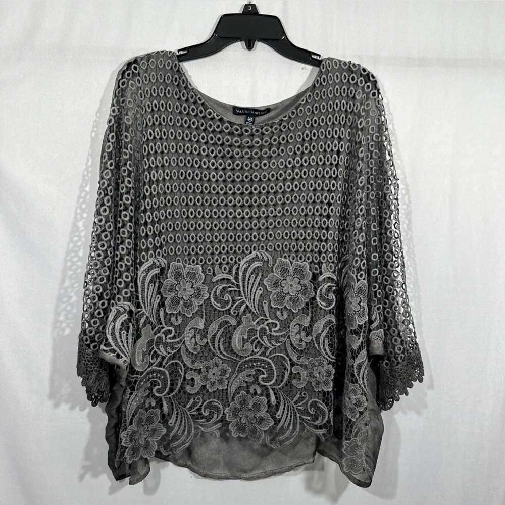 NWT $98 Saks Fifth Avenue [ XL ] Crochet Floral Mix Media Chiffon Top Grey‎